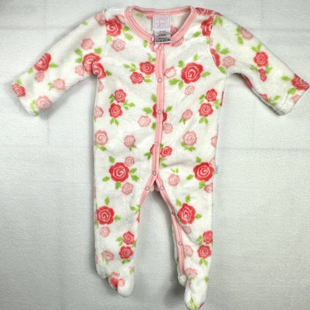 Baby Girls Pink White Rose Floral Fleece Footed Sleeper Romper Size 3-6 Months